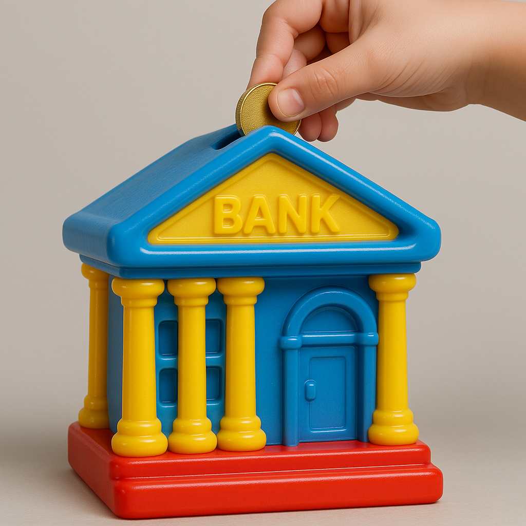 Child hand depositing coin into plastic bank